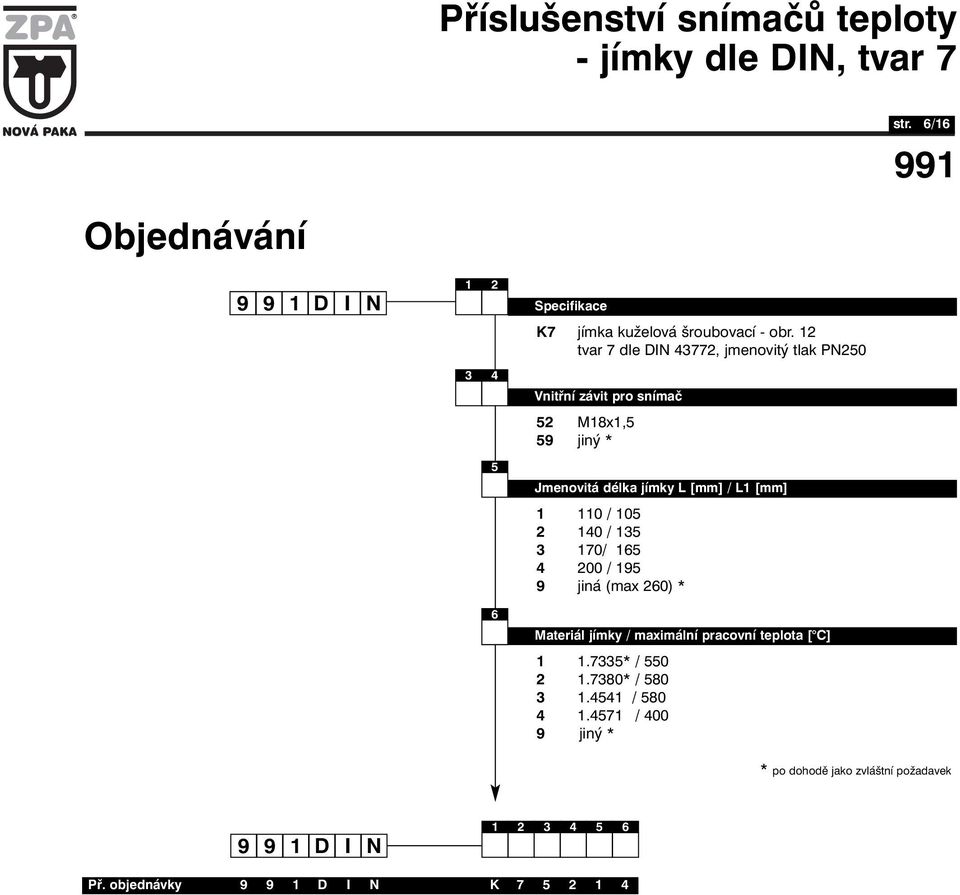 [mm] / L [mm] 0 / 05 40 / 35 3 70/ 65 4 00 / 95 9 jiná (max 60) * 6 Materiál jímky / maximální pracovní teplota [