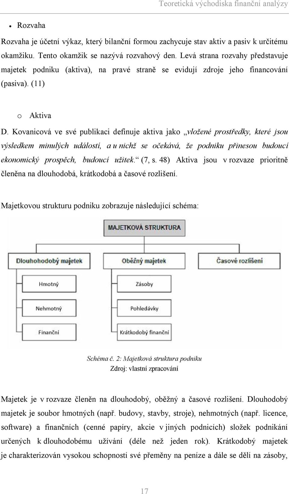 Kovanicová ve své publikaci definuje aktiva jako vložené prostředky, které jsou výsledkem minulých událostí, a u nichž se očekává, že podniku přinesou budoucí ekonomický prospěch, budoucí užitek.