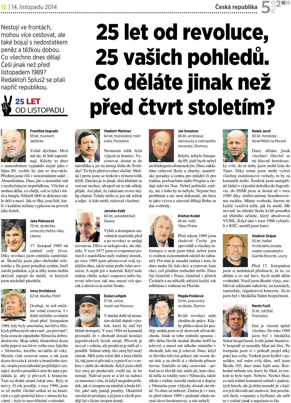František Segrado 59 let, muzikant, Jablůnka Volně dýchám. Mrzí mě ale, že lidé zapomínají. Kdyby to dnes vsamoobsluze vypadalo stejně jako v říjnu 89, rychle by jim to docvaklo.
