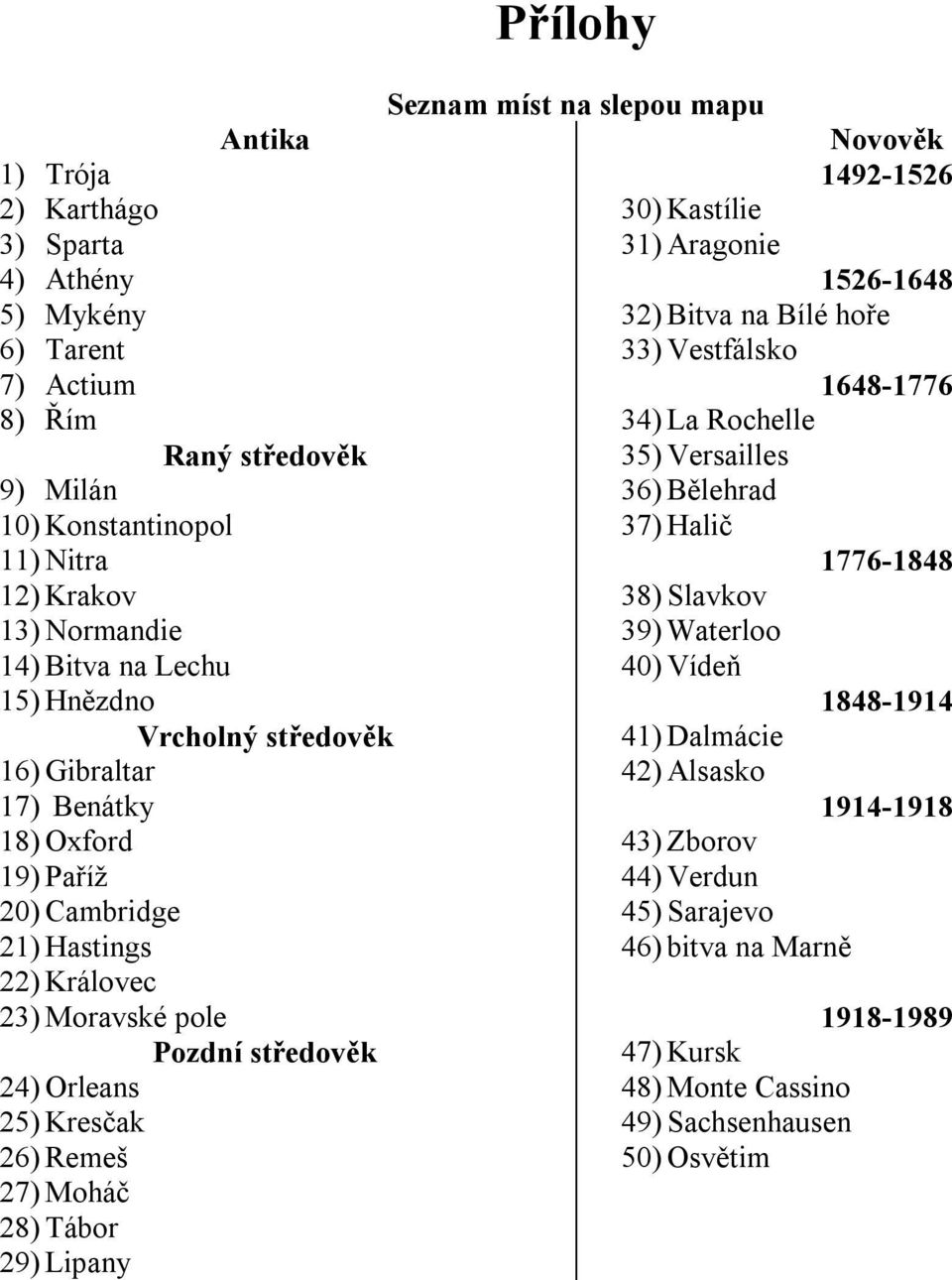 24) Orleans 25) Kresčak 26) Remeš 27) Moháč 28) Tábor 29) Lipany Novověk 1492-1526 1526-1648 32) Bitva na Bílé hoře 33) Vestfálsko 1648-1776 34) La Rochelle 35) Versailles 36) Bělehrad 37) Halič