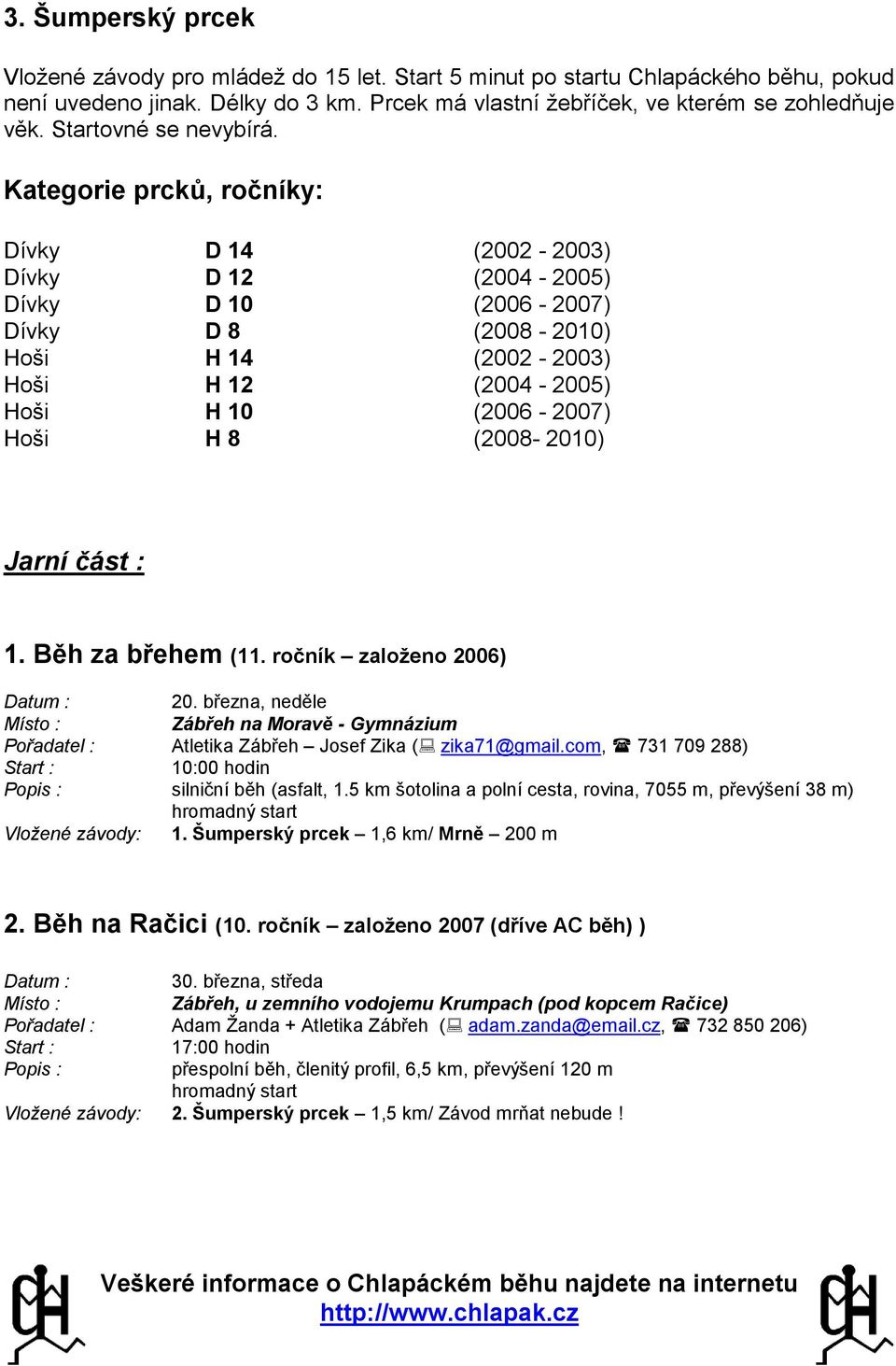 Kategorie prcků, ročníky: Dívky D 14 (2002-2003) Dívky D 12 (2004-2005) Dívky D 10 (2006-2007) Dívky D 8 (2008-2010) Hoši H 14 (2002-2003) Hoši H 12 (2004-2005) Hoši H 10 (2006-2007) Hoši H 8