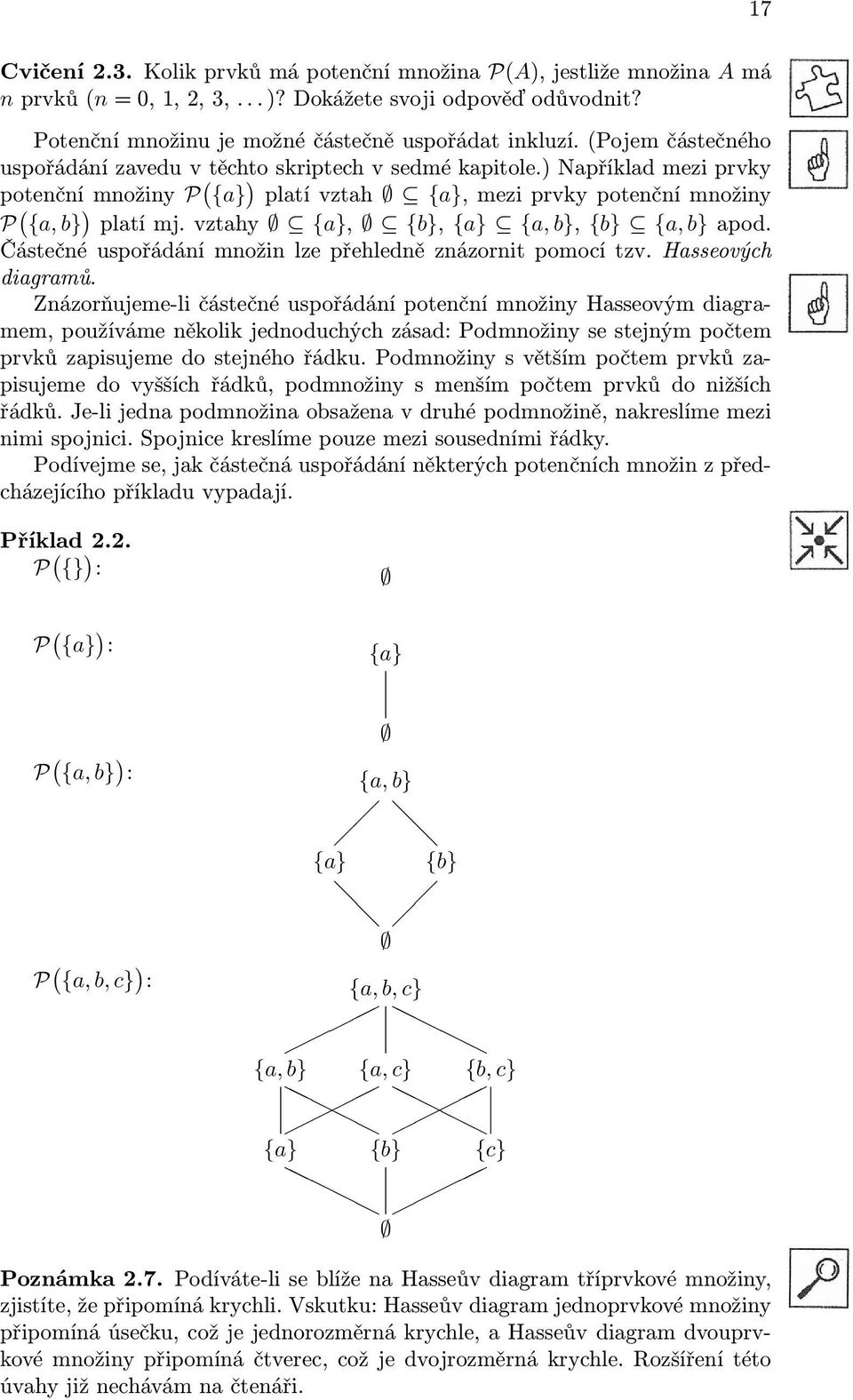 vztahy {a}, {b}, {a} {a, b}, {b} {a, b} apod. Částečné uspořádání množin lze přehledně znázornit pomocí tzv. Hasseových diagramů.