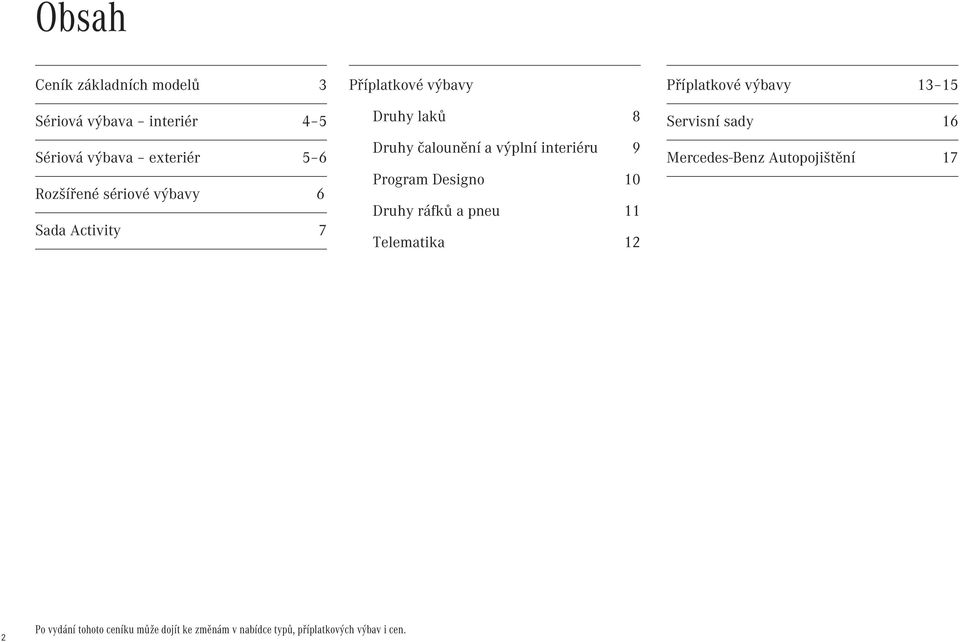 Program Designo 10 Druhy ráfků a pneu 11 Telematika 12 Příplatkové výbavy 13 15 Servisní sady 16
