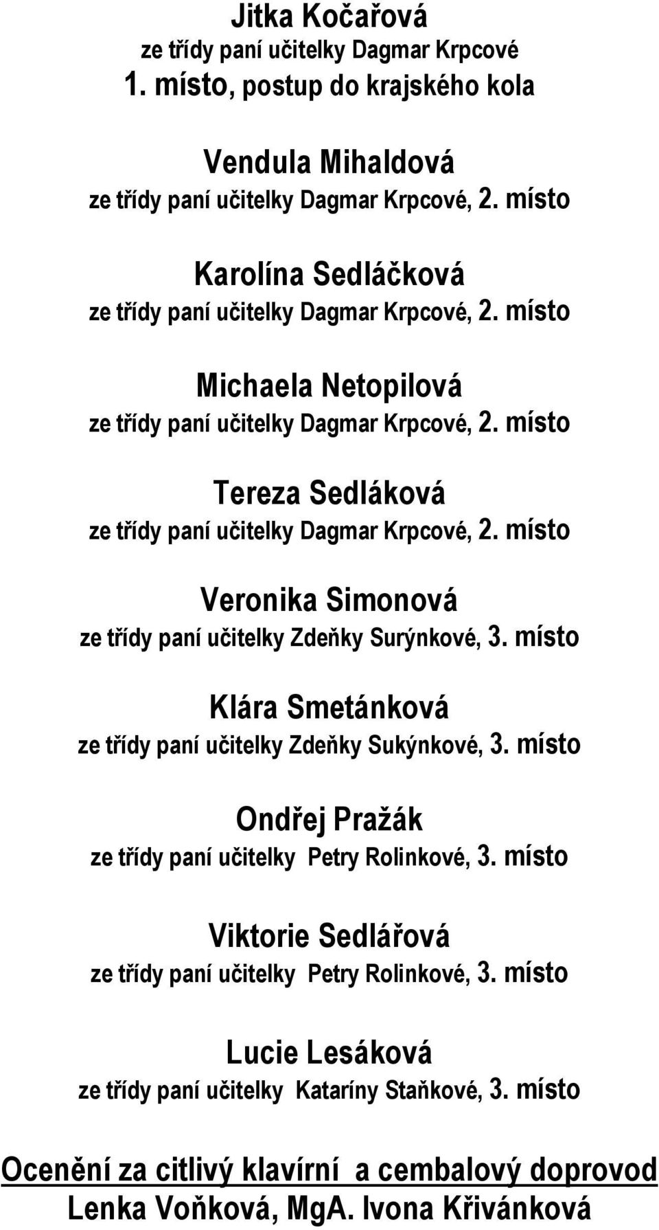 místo Veronika Simonová ze třídy paní učitelky Zdeňky Surýnkové, 3. místo Klára Smetánková ze třídy paní učitelky Zdeňky Sukýnkové, 3.