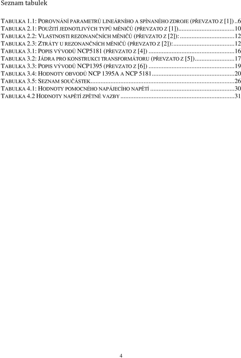 1: POPIS VÝVODŮ NCP5181 (PŘEVZATO Z [4])... 16 TABULKA 3.2: JÁDRA PRO KONSTRUKCI TRANSFORMÁTORU (PŘEVZATO Z [5])... 17 TABULKA 3.3: POPIS VÝVODŮ NCP1395 (PŘEVZATO Z [6]).