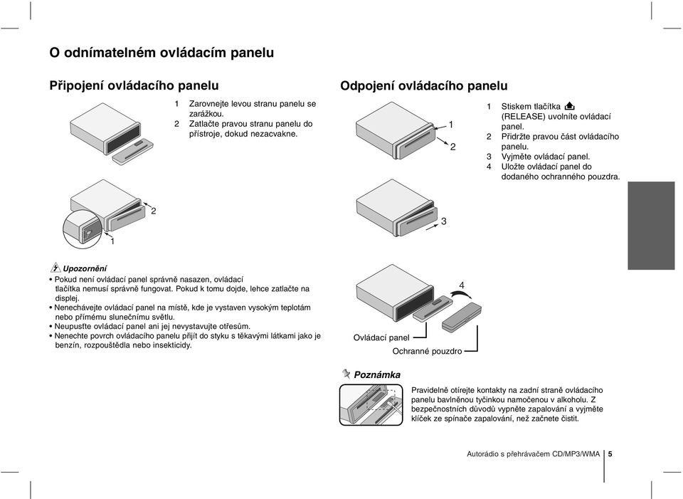4 Uložte ovládací panel do dodaného ochranného pouzdra. 2 3 1 Upozornění Pokud není ovládací panel správně nasazen, ovládací tlačítka nemusí správně fungovat.