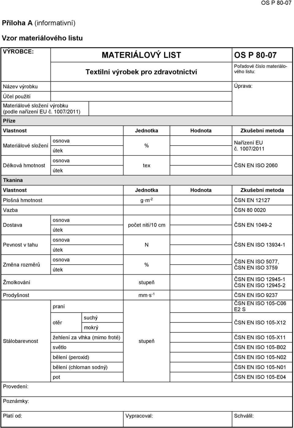 1007/2011 tex ČSN EN ISO 2060 Vlastnost Jednotka Hodnota Zkušební metoda Plošná hmotnost g m -2 ČSN EN 12127 Vazba ČSN 80 0020 Dostava Pevnost v tahu Změna rozměrů Žmolkování osnova útek osnova útek