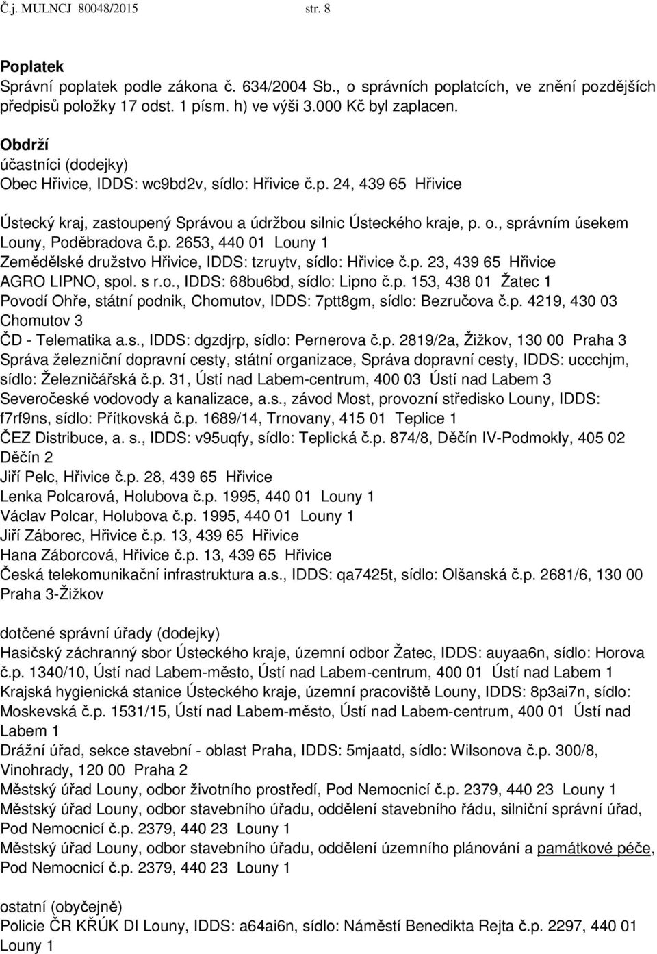 , správním úsekem Louny, Poděbradova č.p. 2653, 440 01 Louny 1 Zemědělské družstvo Hřivice, IDDS: tzruytv, sídlo: Hřivice č.p. 23, 439 65 Hřivice AGRO LIPNO, spol. s r.o., IDDS: 68bu6bd, sídlo: Lipno č.