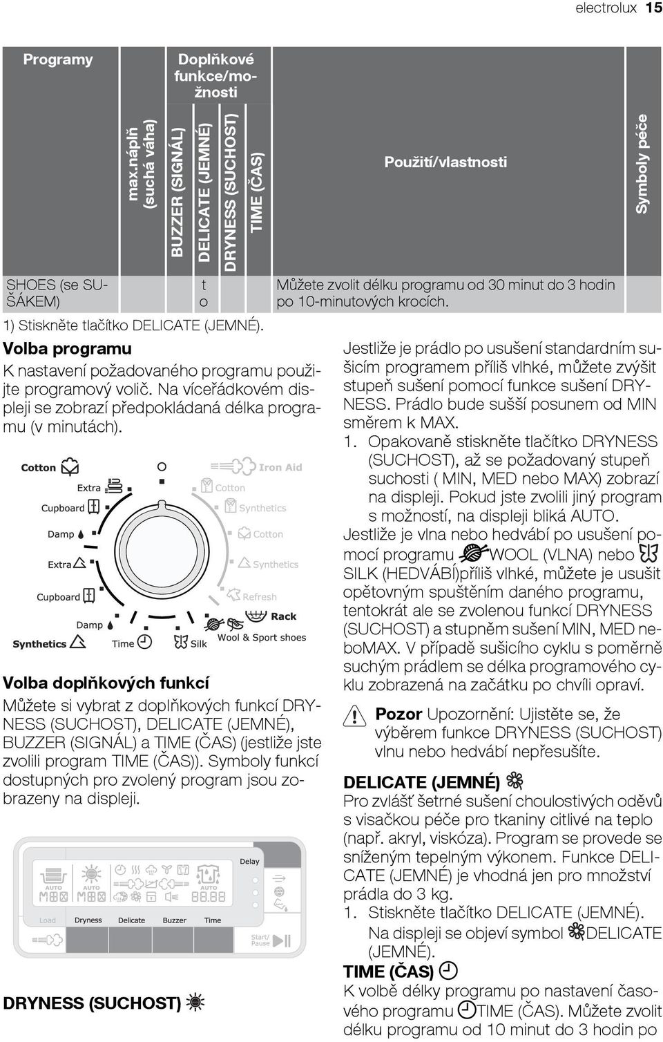 Volba doplňkových funkcí Můžete si vybrat z doplňkových funkcí DRY- NESS (SUCHOST), DELICATE (JEMNÉ), BUZZER (SIGNÁL) a TIME (ČAS) (jestliže jste zvolili program TIME (ČAS)).