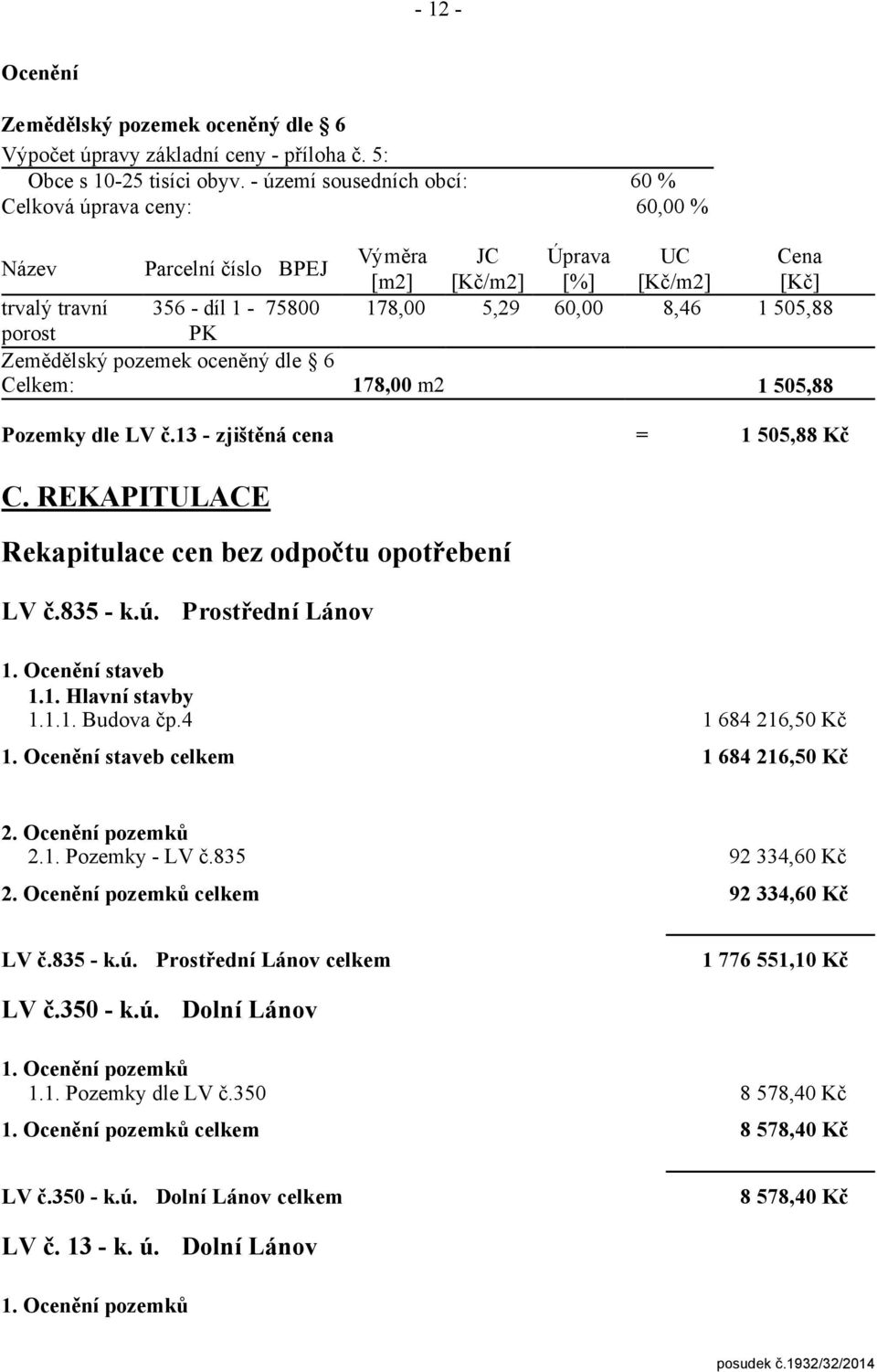 ozemky dle LV č.3 - zjištěná cena 60 % 6 % Úprava [%] 6 UC [Kč/m2] 8,46 Cena [Kč] 505,88 505,88 505,88 Kč C. REKAITULACE Rekapitulace cen bez odpočtu opotřebení LV č.835 - k.ú. rostřední Lánov.