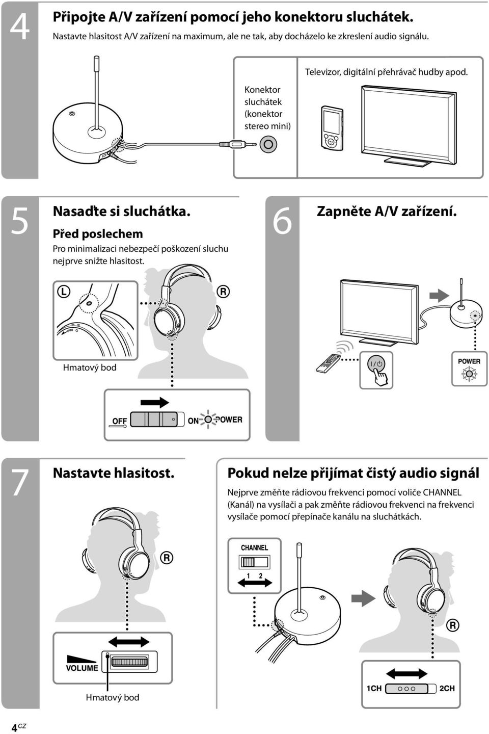 5 Před poslechem 6 Pro minimalizaci nebezpečí poškození sluchu nejprve snižte hlasitost. Zapněte A/V zařízení. Hmatový bod 7 Nastavte hlasitost.