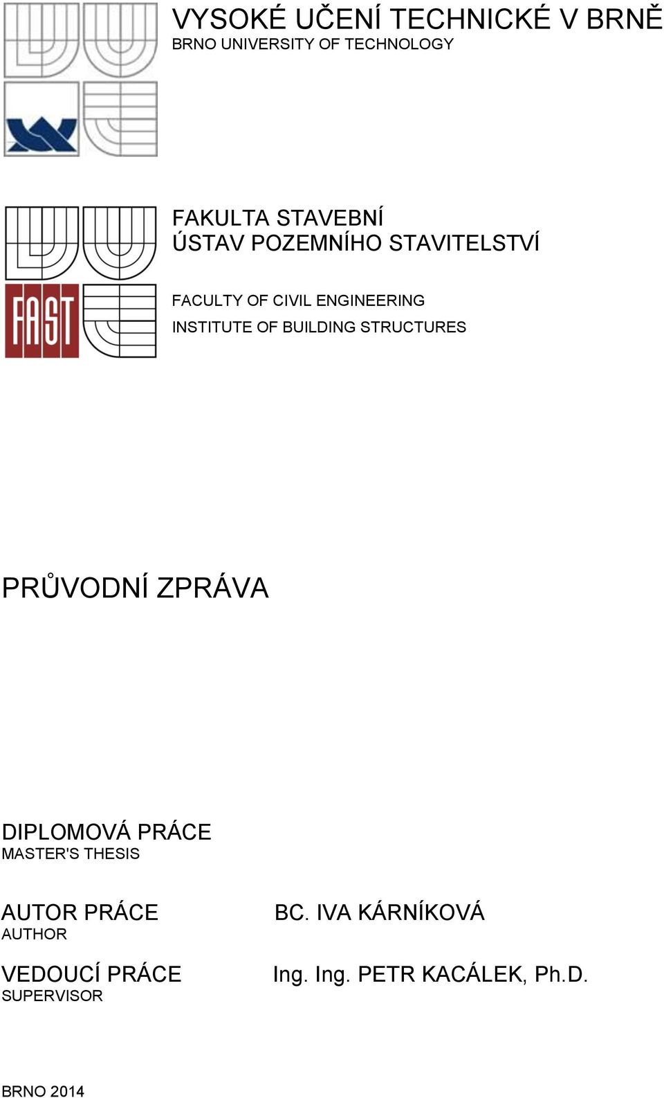 STRUCTURES PRŮVODNÍ ZPRÁVA DIPLOMOVÁ PRÁCE MASTER'S THESIS AUTOR PRÁCE AUTHOR