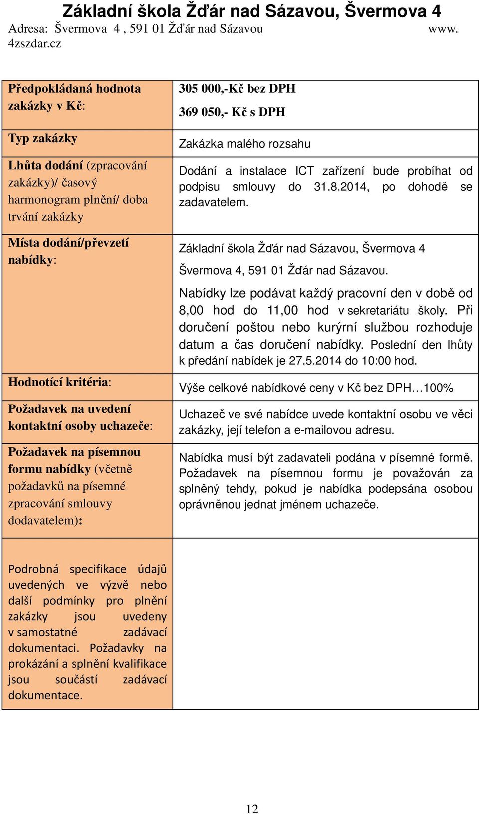 Dodání a instalace ICT zařízení bude probíhat od podpisu smlouvy do 31.8.2014, po dohodě se zadavatelem. Základní škola Žďár nad Sázavou, Švermova 4 Švermova 4, 591 01 Žďár nad Sázavou.