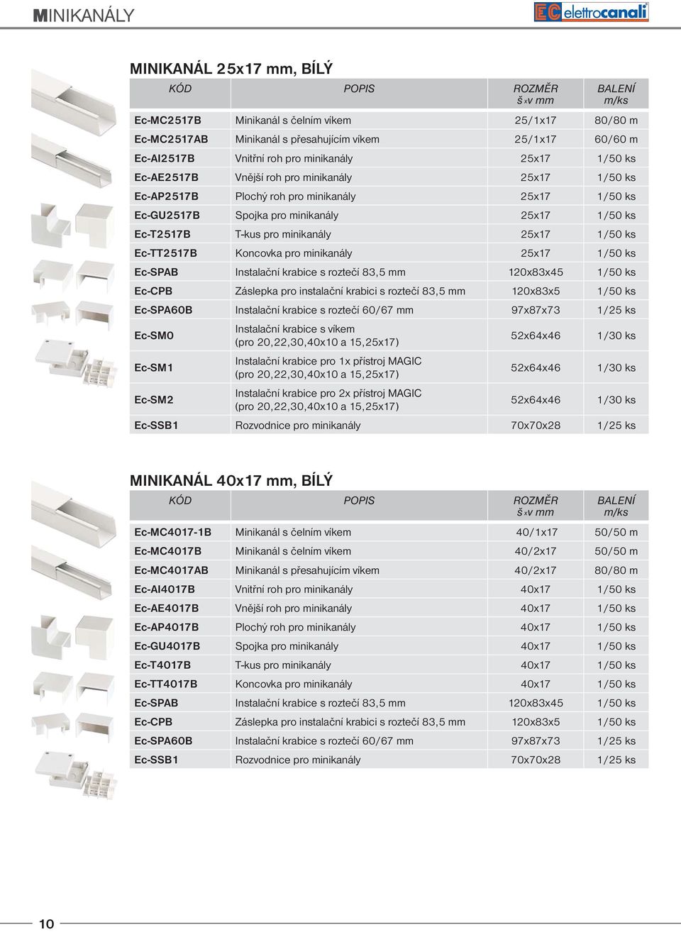 T-kus pro minikanály 25x17 1/50 ks Ec-TT2517B Koncovka pro minikanály 25x17 1/50 ks Ec-SPAB Instalační krabice s roztečí 83,5 mm 120x83x45 1/50 ks Ec-CPB Záslepka pro instalační krabici s roztečí