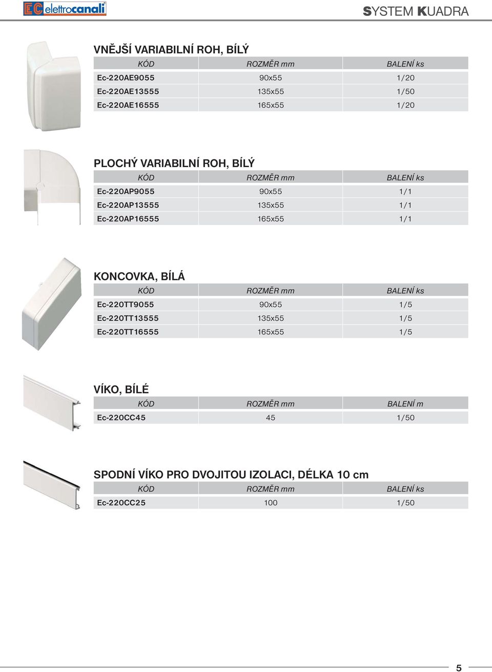 165x55 1/1 KONCOVKA, BÍLÁ KÓD ROZMĚR mm BALENÍ ks Ec-220TT9055 90x55 1/5 Ec-220TT13555 135x55 1/5 Ec-220TT16555 165x55 1/5 VÍKO,