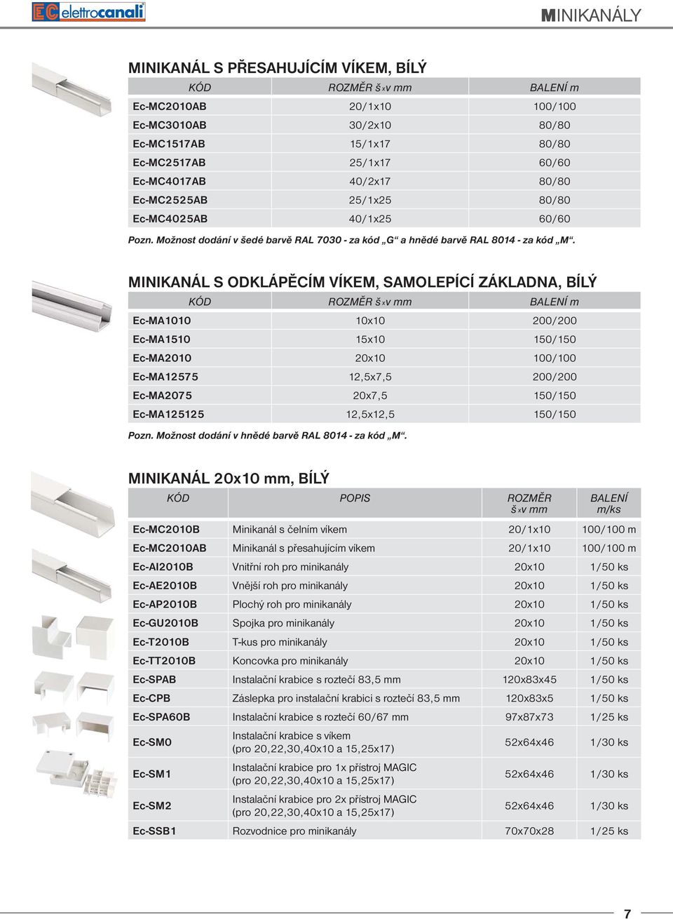 MINIKANÁL S ODKLÁPĚCÍM VÍKEM, SAMOLEPÍCÍ ZÁKLADNA, BÍLÝ KÓD ROZMĚR š x v mm BALENÍ m Ec-MA1010 10x10 200/200 Ec-MA1510 15x10 150/150 Ec-MA2010 20x10 100/100 Ec-MA12575 12,5x7,5 200/200 Ec-MA2075