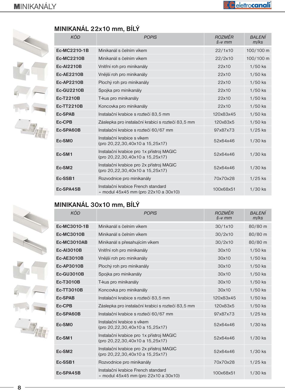 T-kus pro minikanály 22x10 1/50 ks Ec-TT2210B Koncovka pro minikanály 22x10 1/50 ks Ec-SPAB Instalační krabice s roztečí 83,5 mm 120x83x45 1/50 ks Ec-CPB Záslepka pro instalační krabici s roztečí