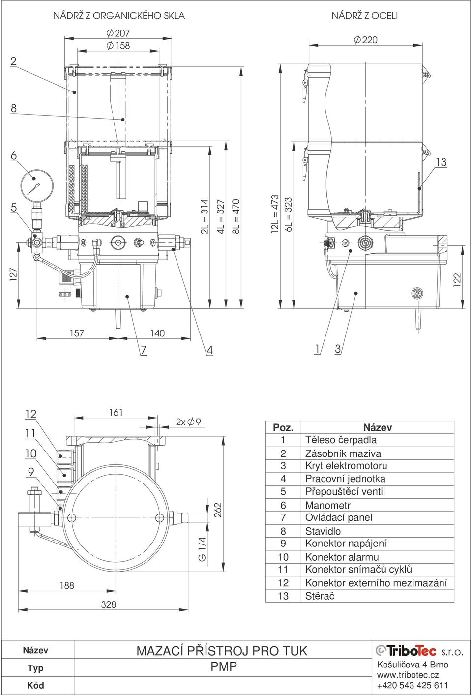 1 Tleso erpadla 2 Zásobník maziva 3 Kryt elektromotoru 4 Pracovní jednotka 5 Pepouštcí ventil 6 Manometr 7 Ovládací panel 8