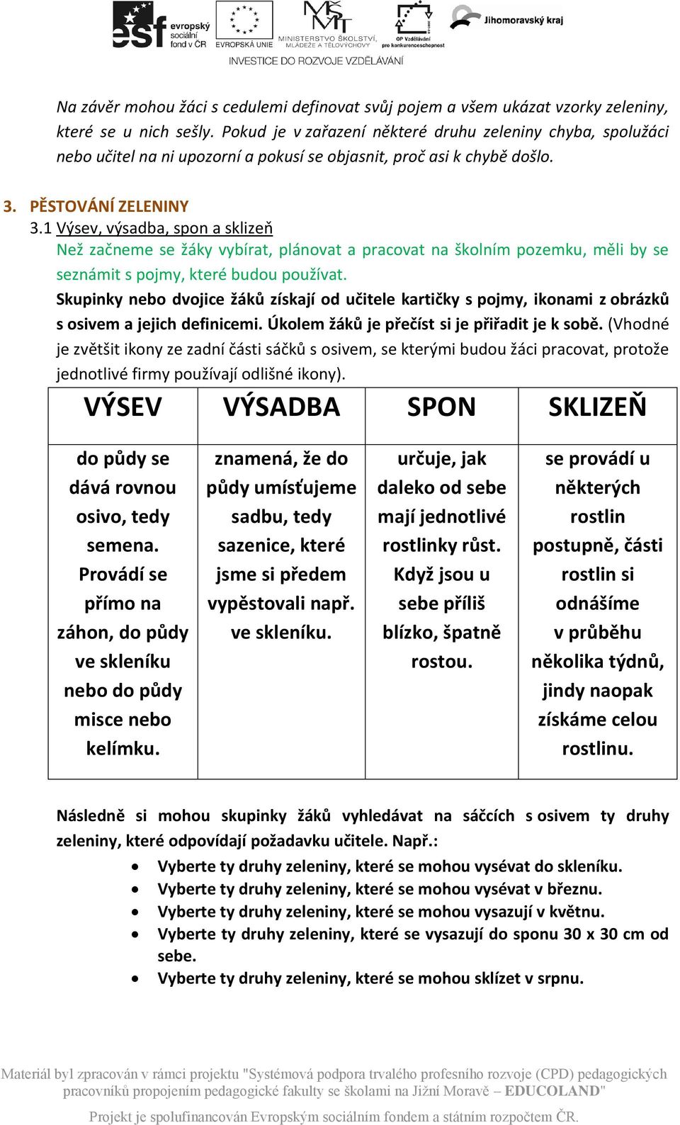 1 Výsev, výsadba, spon a sklizeň Než začneme se žáky vybírat, plánovat a pracovat na školním pozemku, měli by se seznámit s pojmy, které budou používat.