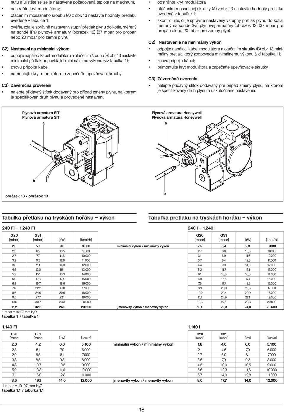 pro zemní plyn); C2) Nastavení na minimální výkon: odpojte napájecí kabel modulátoru a otáčením šroubu (B) obr.