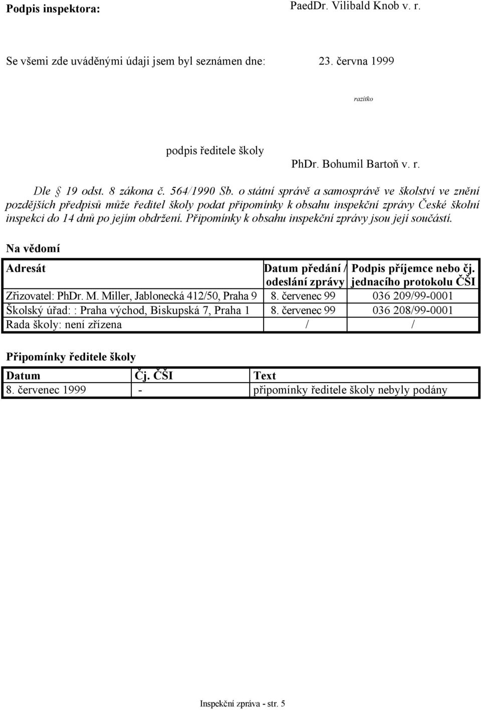 Připomínky k obsahu inspekční zprávy jsou její součástí. Na vědomí Adresát Datum předání / Podpis příjemce nebo čj. odeslání zprávy jednacího protokolu ČŠI Zřizovatel: PhDr. M.