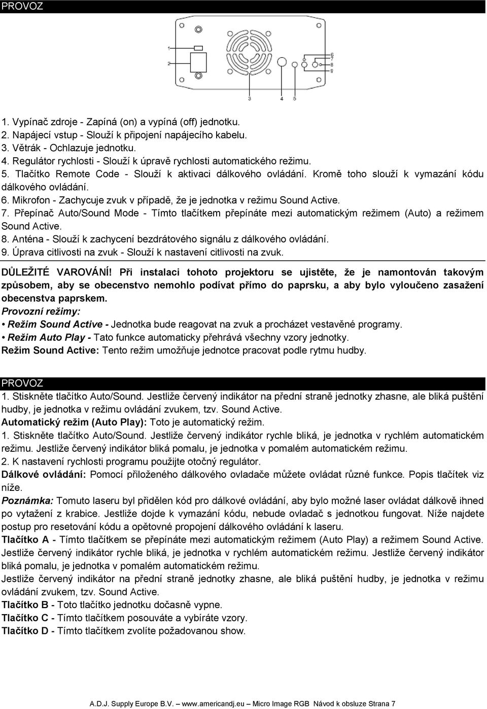 Mikrofon - Zachycuje zvuk v případě, že je jednotka v režimu Sound Active. 7. Přepínač Auto/Sound Mode - Tímto tlačítkem přepínáte mezi automatickým režimem (Auto) a režimem Sound Active. 8.