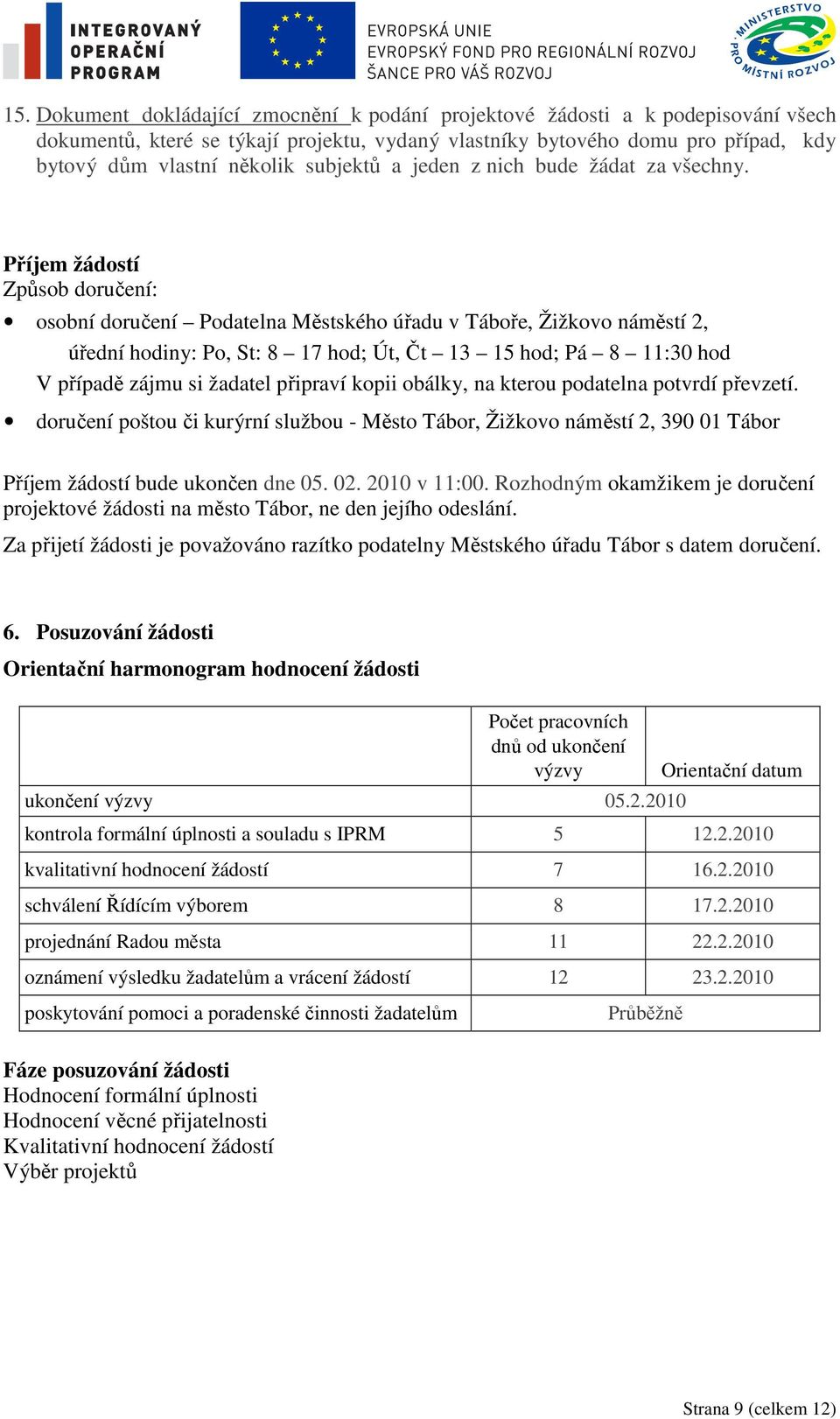 Příjem žádostí Způsob doručení: osobní doručení Podatelna Městského úřadu v Táboře, Žižkovo náměstí 2, úřední hodiny: Po, St: 8 17 hod; Út, Čt 13 15 hod; Pá 8 11:30 hod V případě zájmu si žadatel