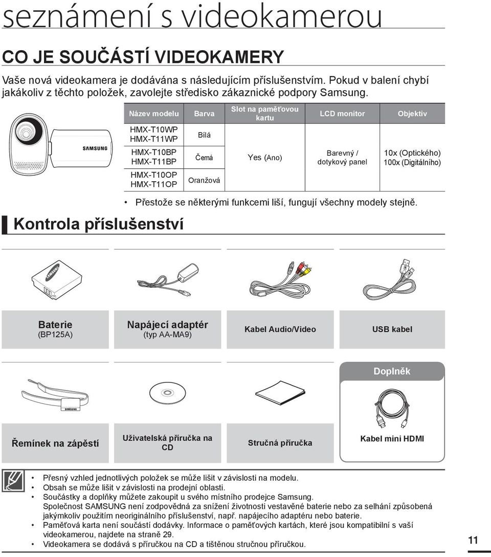 Název modelu HMX-T10WP HMX-T11WP HMX-T10BP HMX-T11BP HMX-T10OP HMX-T11OP Kontrola příslušenství Barva Bílá Černá Oranžová Slot na paměťovou kartu Yes (Ano) LCD monitor Barevný / dotykový panel