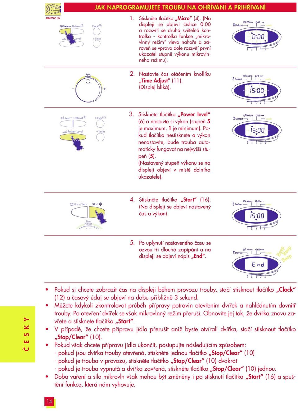 reïimu). 2. Nastavte ãas otáãením knoflíku Time Adjust (11). (Displej bliká).. Stisknûte tlaãítko Power level (6) a nastavte si v kon (stupeà je maximum, 1 je minimum).