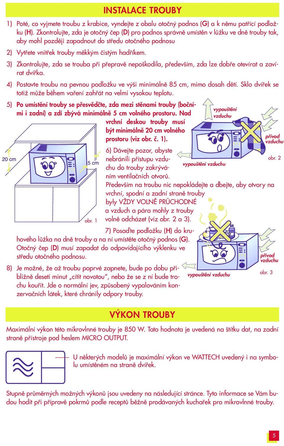 ) Zkontrolujte, zda se trouba pfii pfiepravû nepo kodila, pfiedev ím, zda lze dobfie otevírat a zavírat dvífika. ) Postavte troubu na pevnou podloïku ve v i minimálnû 8 cm, mimo dosah dûtí.