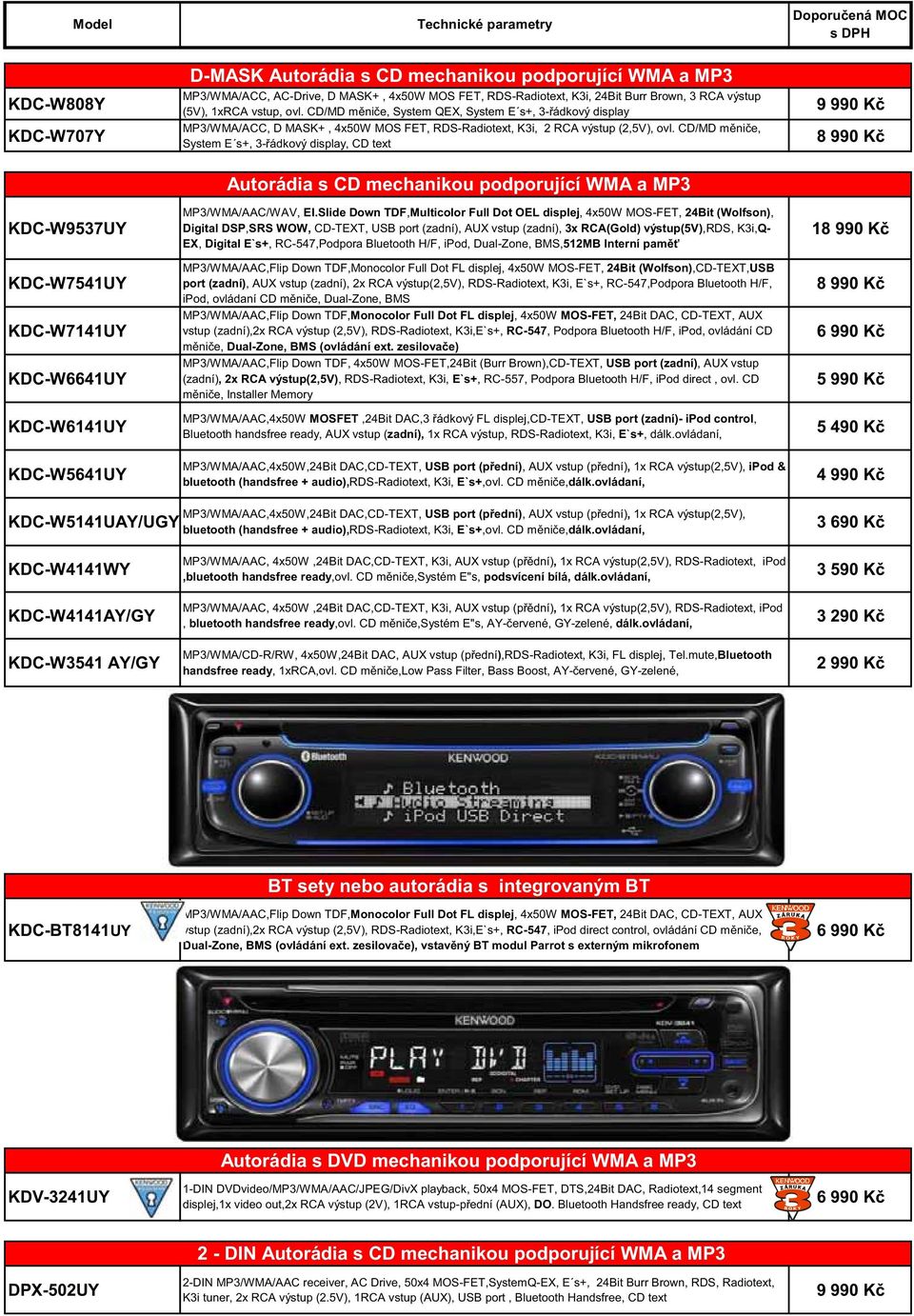 CD/MD m ni e, System QEX, System E s+, 3- ádkový display MP3/WMA/ACC, D MASK+, 4x50W MOS FET, RDS-Radiotext, K3i, 2 RCA výstup (2,5V), ovl.