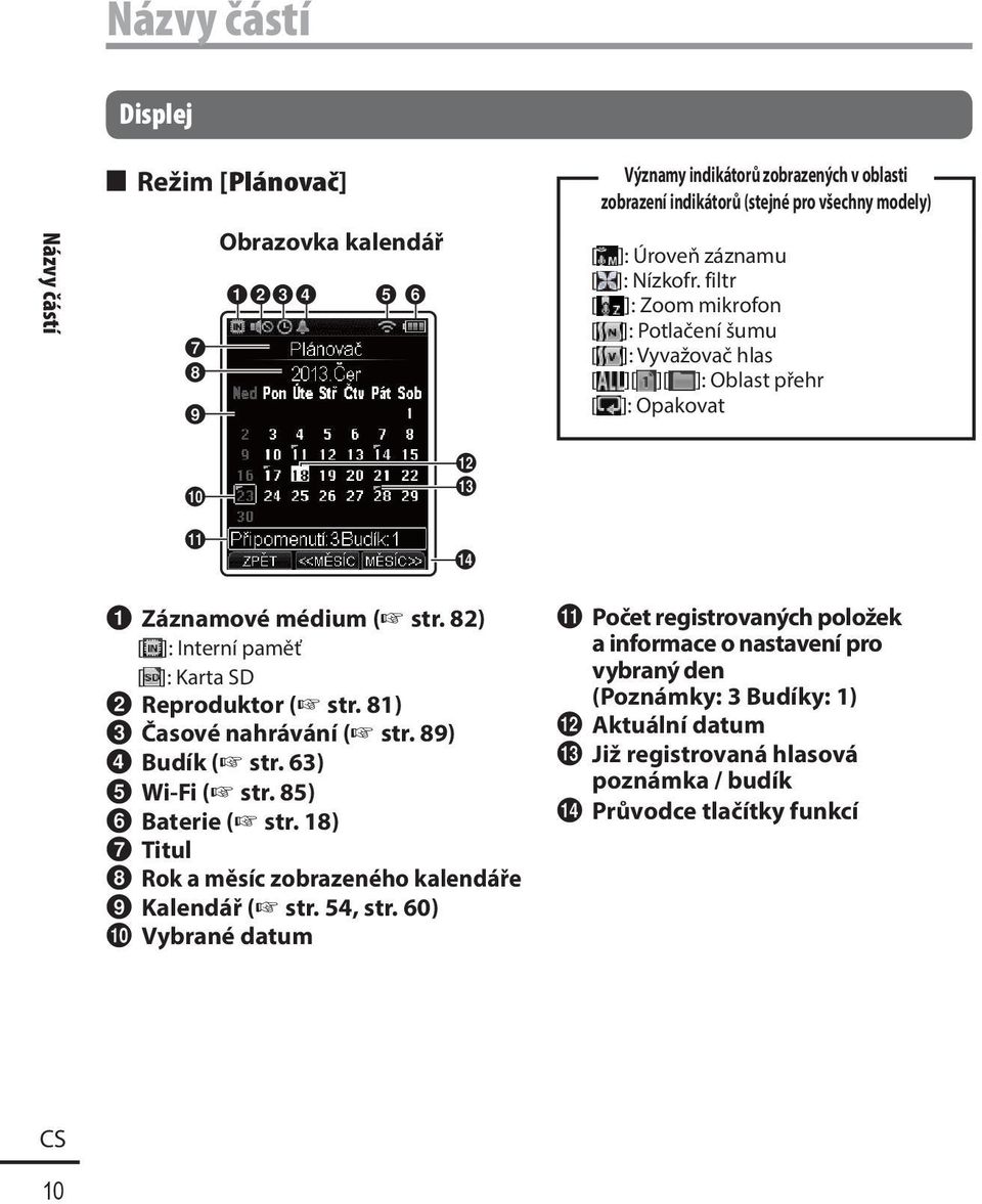 82) [ ]: Interní paměť [ ]: Karta SD 2 Reproduktor ( str. 81) 3 Časové nahrávání ( str. 89) 4 Budík ( str. 63) 5 Wi-Fi ( str. 85) 6 Baterie ( str.