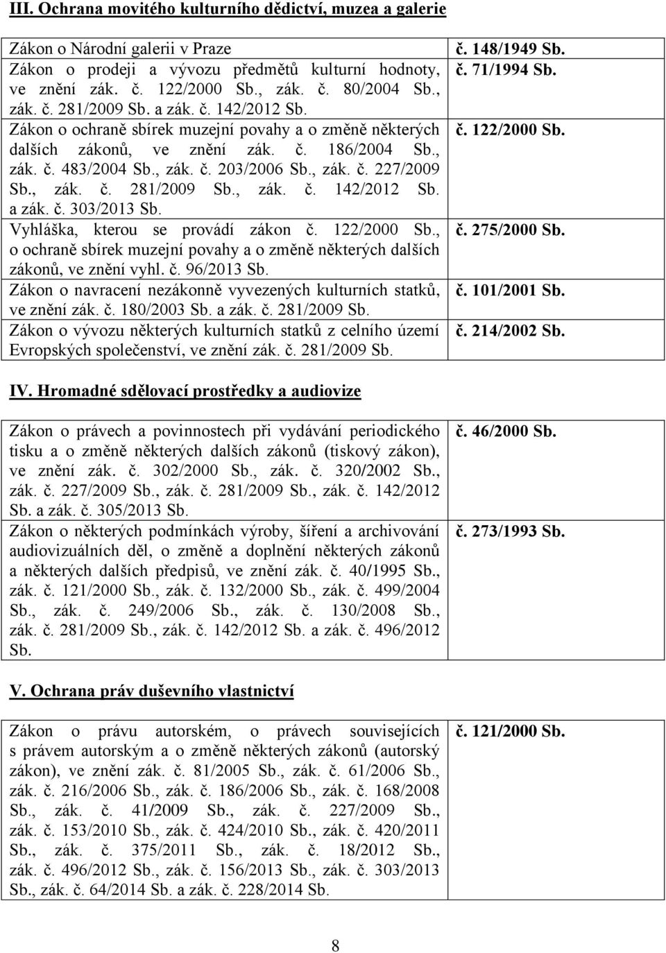 , zák. č. 142/2012 Sb. a zák. č. 303/2013 Sb. Vyhláška, kterou se provádí zákon č. 122/2000 Sb., o ochraně sbírek muzejní povahy a o změně některých dalších zákonů, ve znění vyhl. č. 96/2013 Sb.