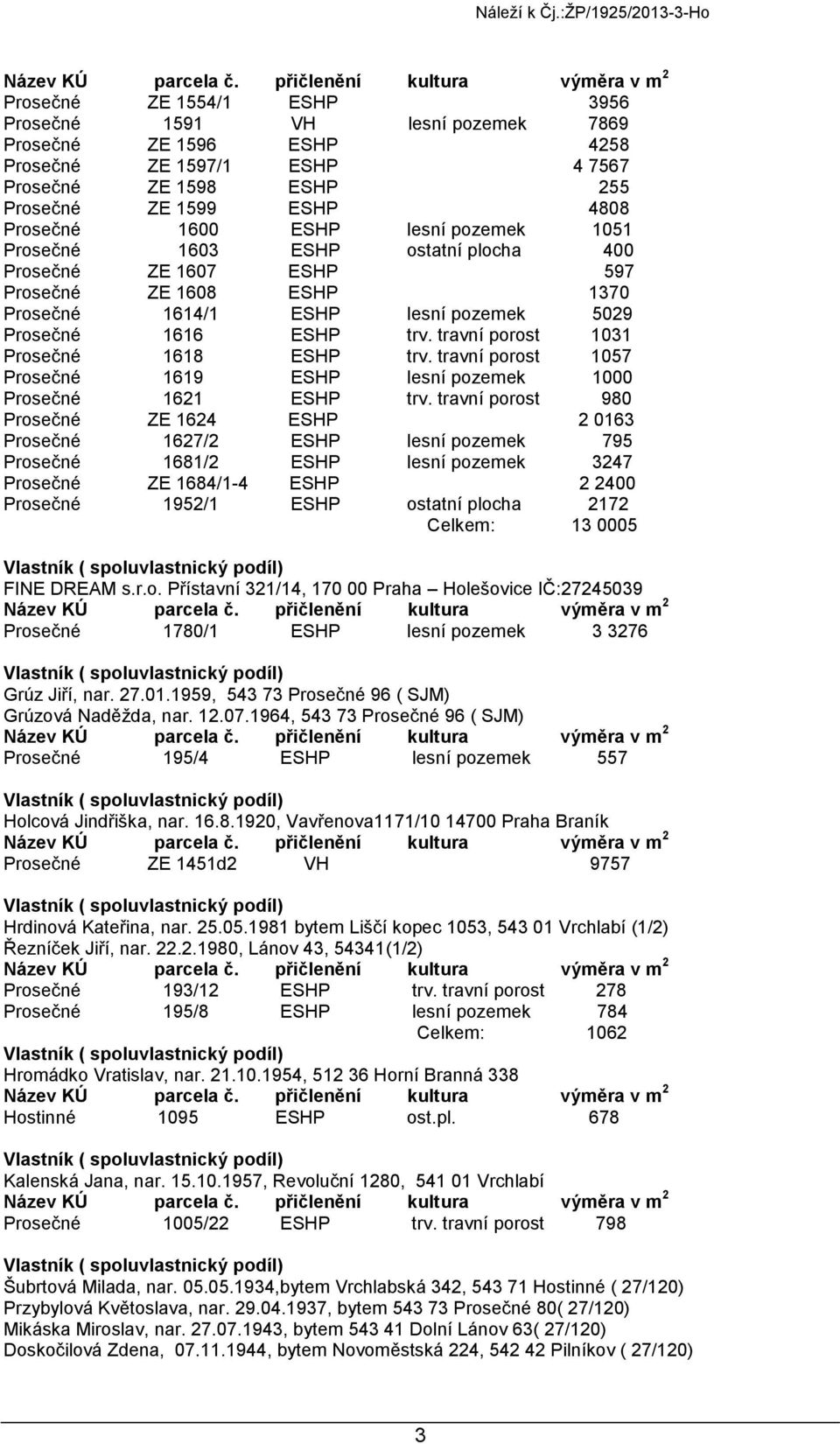 travní porost 1031 Prosečné 1618 ESHP trv. travní porost 1057 Prosečné 1619 ESHP lesní pozemek 1000 Prosečné 1621 ESHP trv.