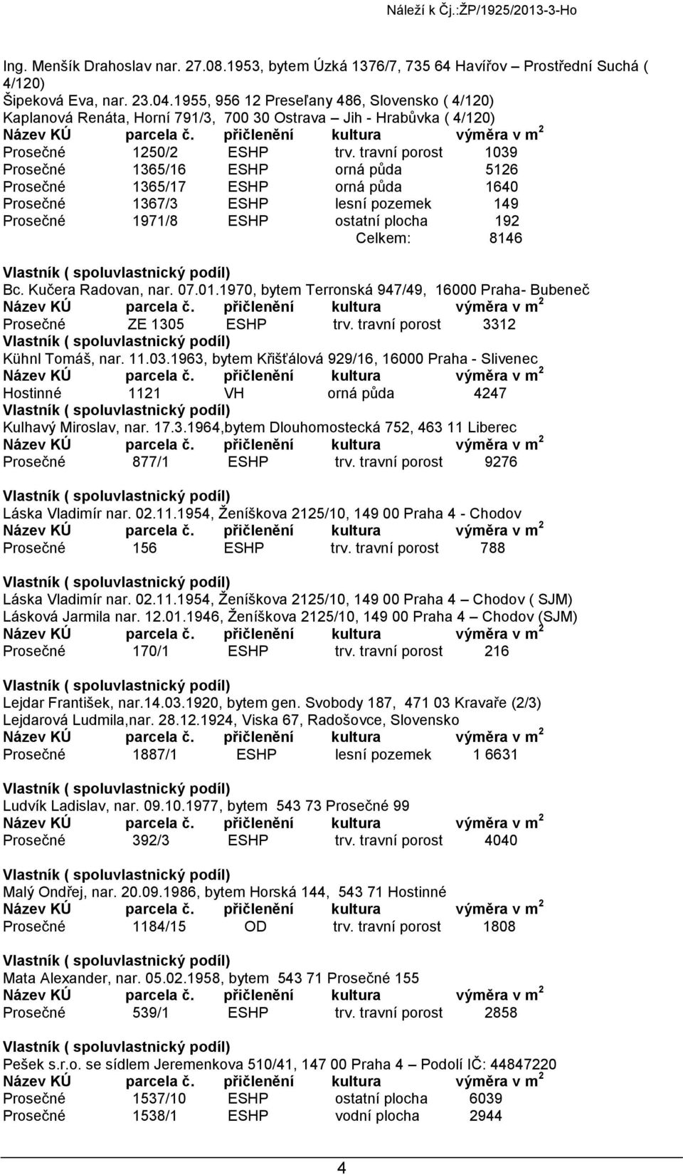 travní porost 1039 Prosečné 1365/16 ESHP orná půda 5126 Prosečné 1365/17 ESHP orná půda 1640 Prosečné 1367/3 ESHP lesní pozemek 149 Prosečné 1971/8 ESHP ostatní plocha 192 Celkem: 8146 Bc.