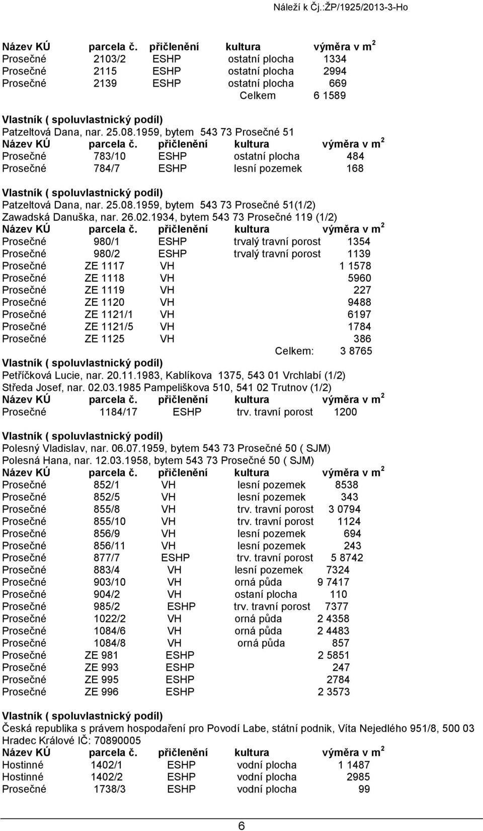 02.1934, bytem 543 73 Prosečné 119 (1/2) Prosečné 980/1 ESHP trvalý travní porost 1354 Prosečné 980/2 ESHP trvalý travní porost 1139 Prosečné ZE 1117 VH 1 1578 Prosečné ZE 1118 VH 5960 Prosečné ZE