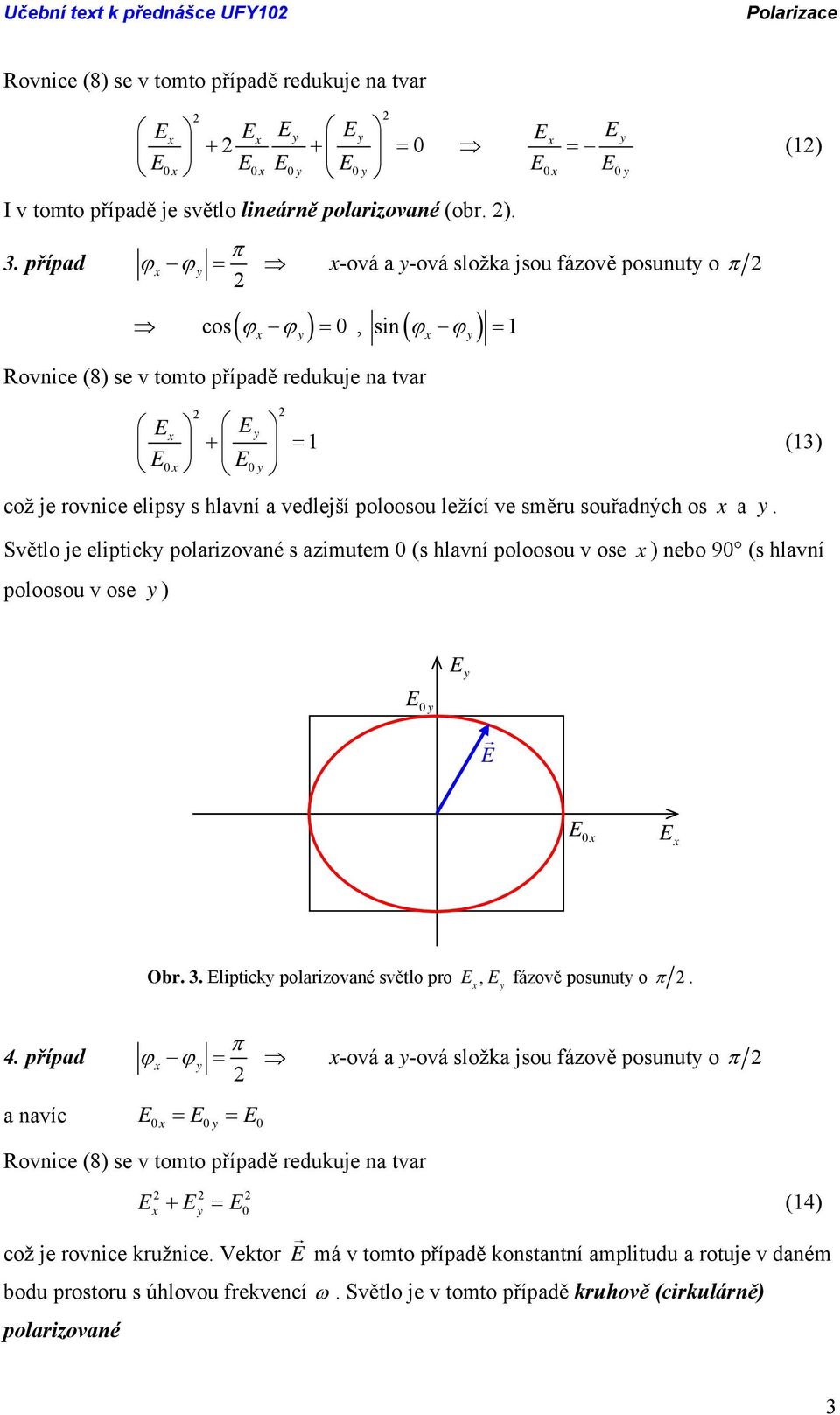 směru souřadných os a. (13) Světlo je eliptick polarizované s azimutem (s hlavní poloosou v ose poloosou v ose ) ) nebo 9 (s hlavní Obr. 3. liptick polarizované světlo pro fázově posunut o.,.