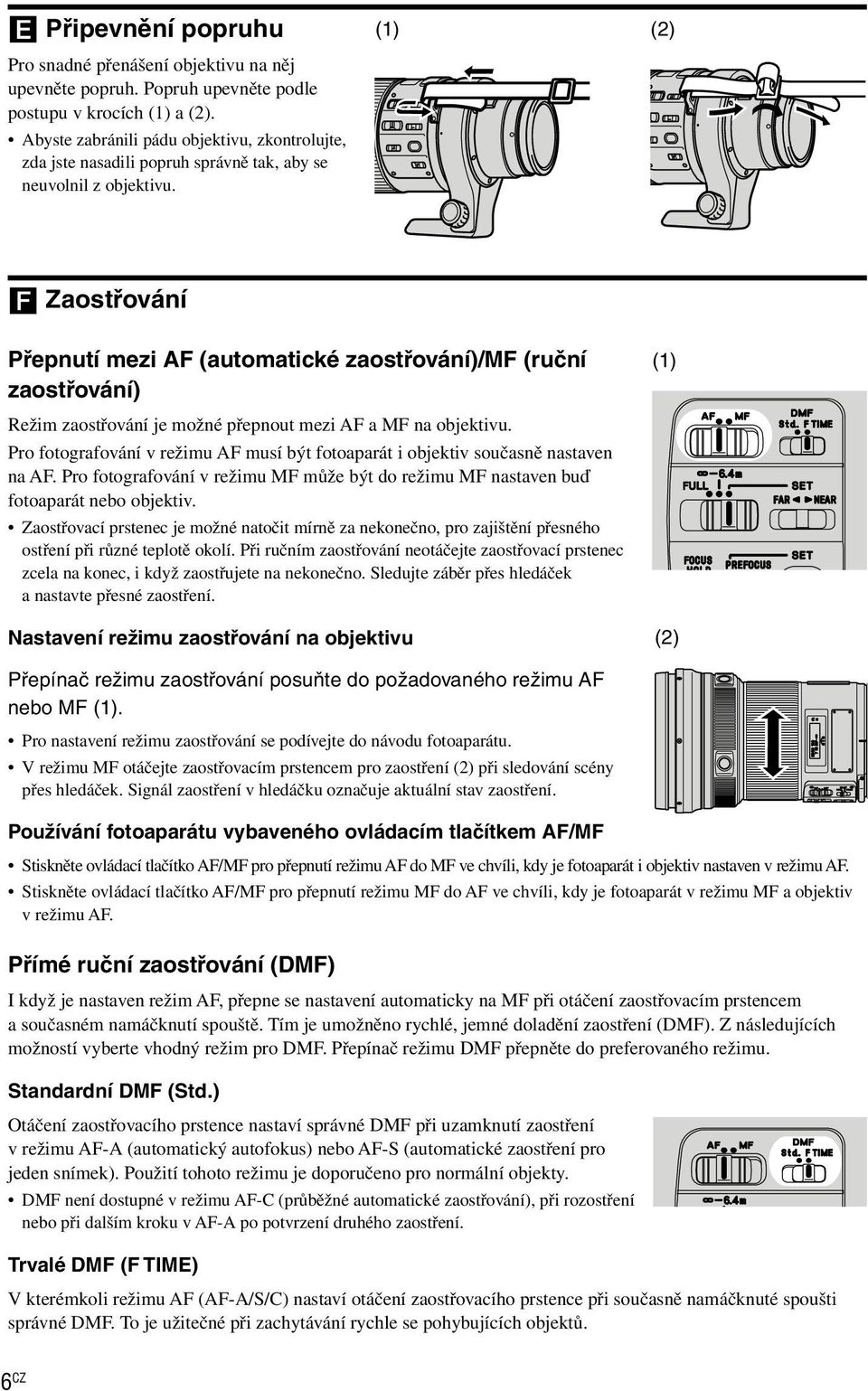 Zaostřování Přepnutí mezi AF (automatické zaostřování)/mf (ruční zaostřování) () Režim zaostřování je možné přepnout mezi AF a MF na objektivu.