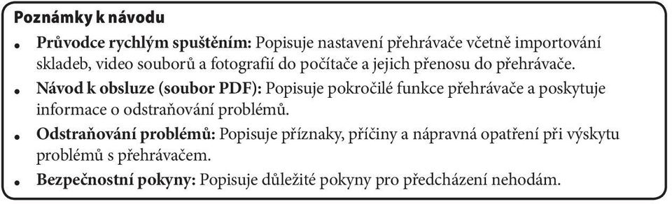 Návod k obsluze (soubor PDF): Popisuje pokročilé funkce přehrávače a poskytuje informace o odstraňování problémů.