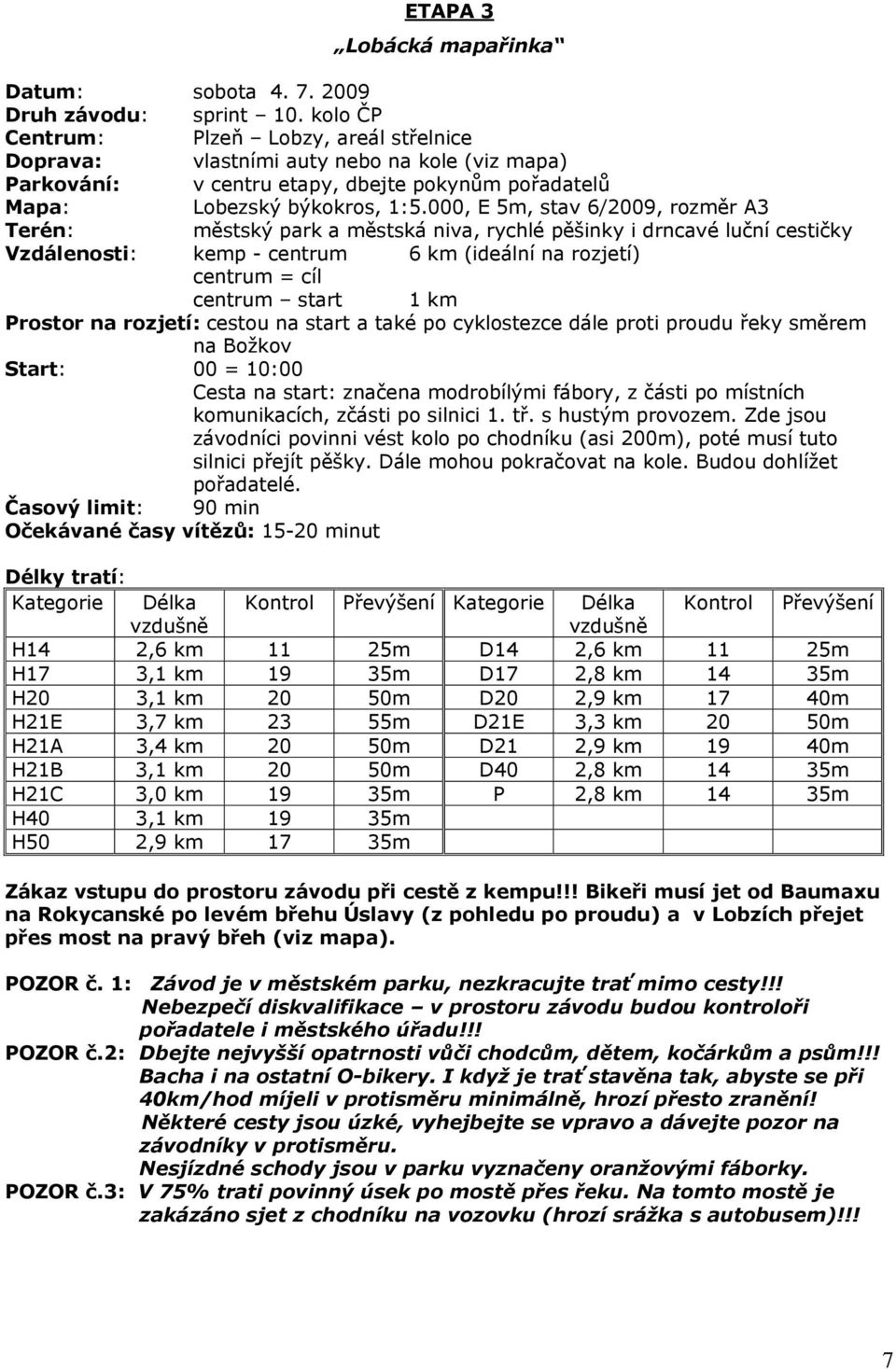 000, E 5m, stav 6/2009, rozměr A3 Terén: městský park a městská niva, rychlé pěšinky i drncavé luční cestičky Vzdálenosti: kemp - centrum 6 km (ideální na rozjetí) centrum = cíl centrum start 1 km