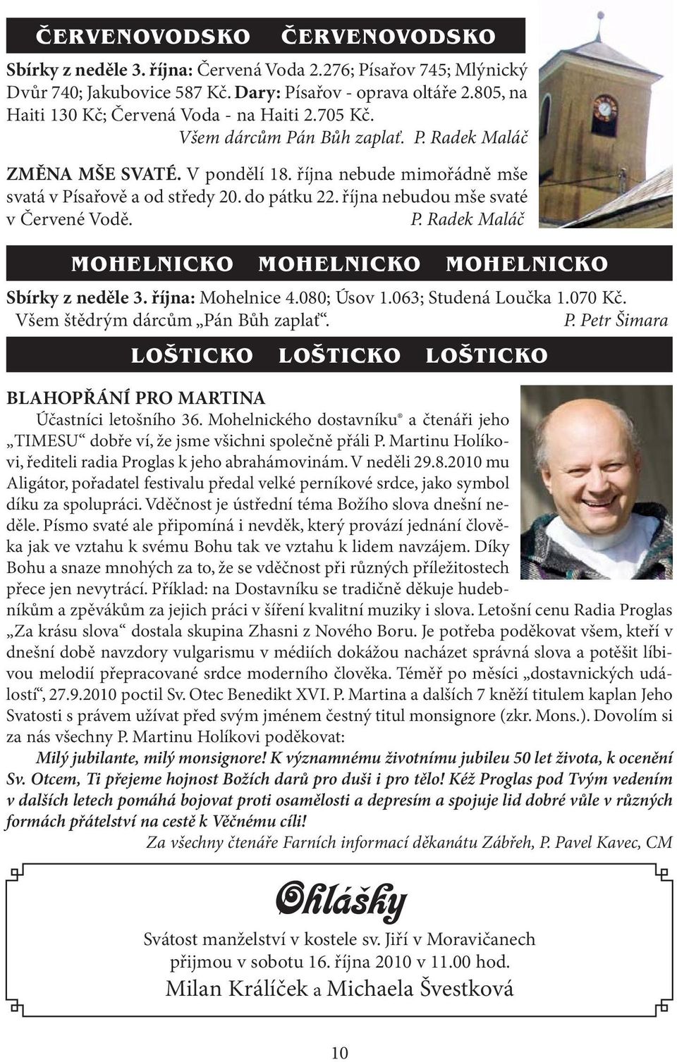 do pátku 22. října nebudou mše svaté v Červené Vodě. P. Radek Maláč MOHELNICKO MOHELNICKO MOHELNICKO Sbírky z neděle 3. října: Mohelnice 4.080; Úsov 1.063; Studená Loučka 1.070 Kč.