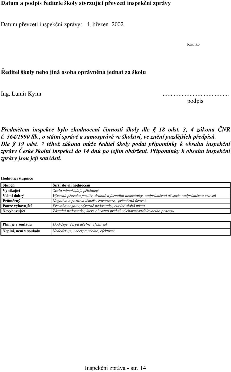 7 téhož zákona může ředitel školy podat připomínky k obsahu inspekční zprávy České školní inspekci do 14 dnů po jejím obdržení. Připomínky k obsahu inspekční zprávy jsou její součástí.