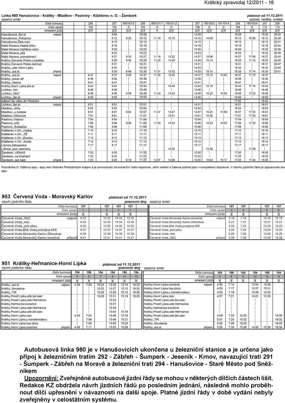 Sněžníkem Upozornění: Zveřejněné autobusové jízdní řády se mohou v některých dílčích částech lišit.