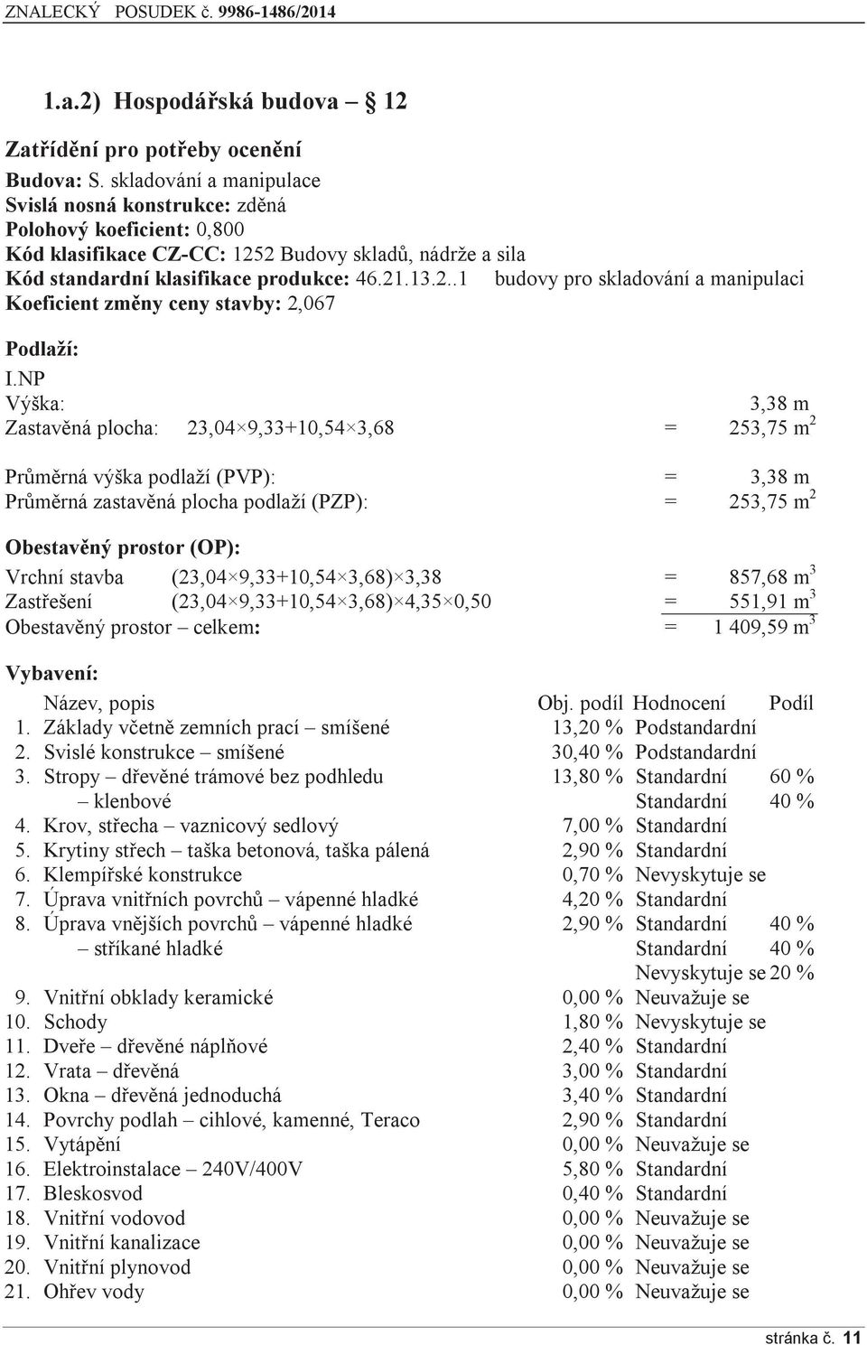 NP Výška: 3,38 m Zastavěná plocha: 23,04 9,33+10,54 3,68 = 253,75 m 2 Průměrná výška podlaží (PVP): = 3,38 m Průměrná zastavěná plocha podlaží (PZP): = 253,75 m 2 Obestavěný prostor (OP): Vrchní