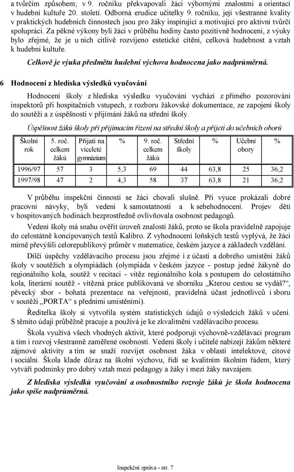 Za pěkné výkony byli žáci v průběhu hodiny často pozitivně hodnoceni, z výuky bylo zřejmé, že je u nich citlivě rozvíjeno estetické cítění, celková hudebnost a vztah k hudební kultuře.