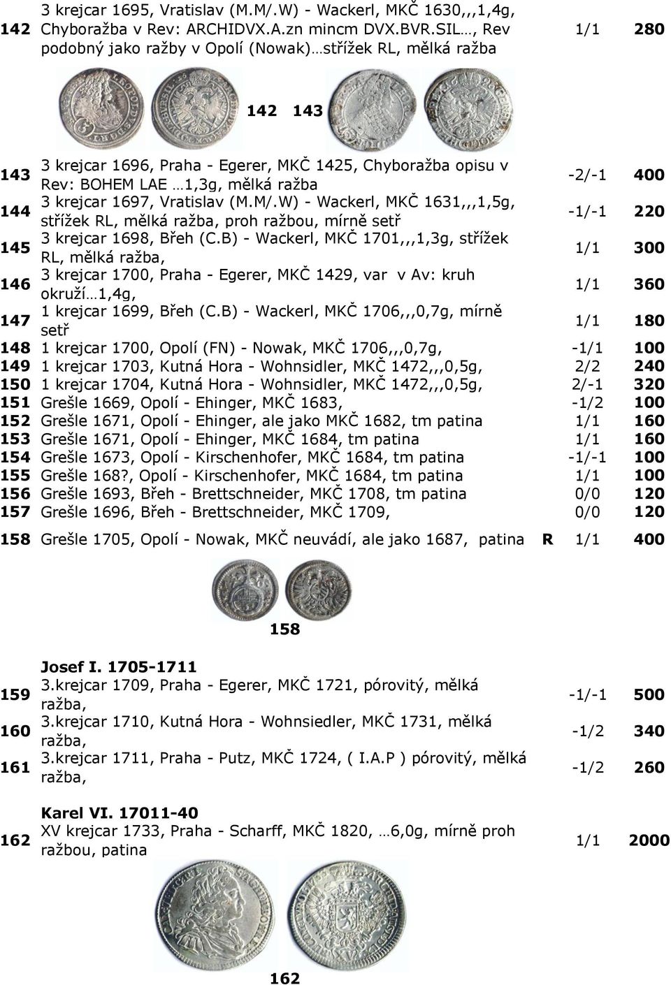 krejcar 1697, Vratislav (M.M/.W) - Wackerl, MKČ 1631,,,1,5g, 144 střížek RL, mělká ražba, proh ražbou, mírně setř -1/-1 220 3 krejcar 1698, Břeh (C.