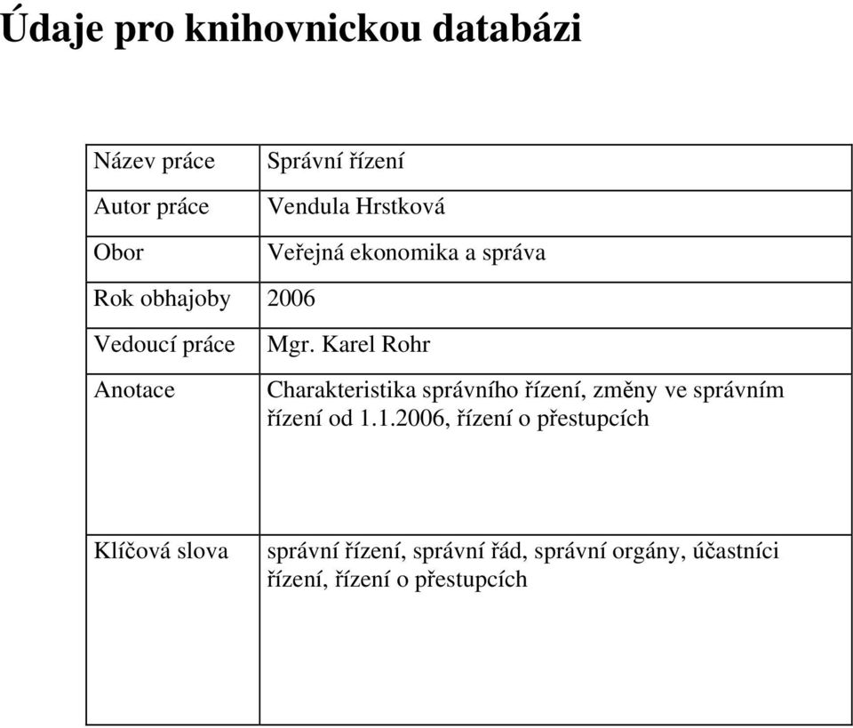 Karel Rohr Anotace Charakteristika správního řízení, změny ve správním řízení od 1.