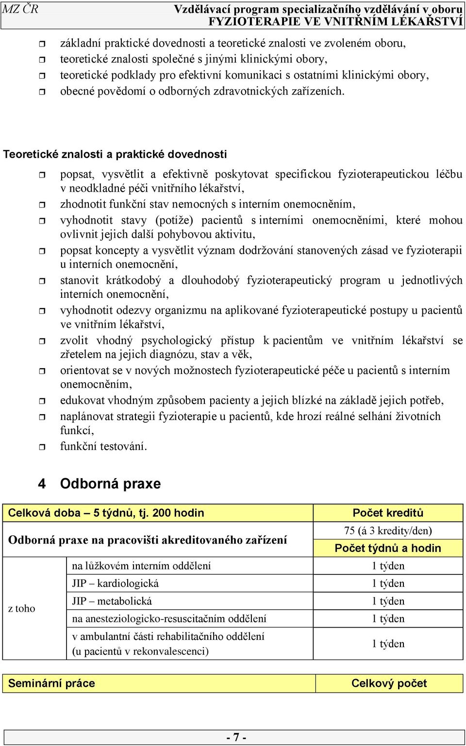 Teoretické znalosti a praktické dovednosti popsat, vysvětlit a efektivně poskytovat specifickou fyzioterapeutickou léčbu v neodkladné péči vnitřního lékařství, zhodnotit funkční stav nemocných s