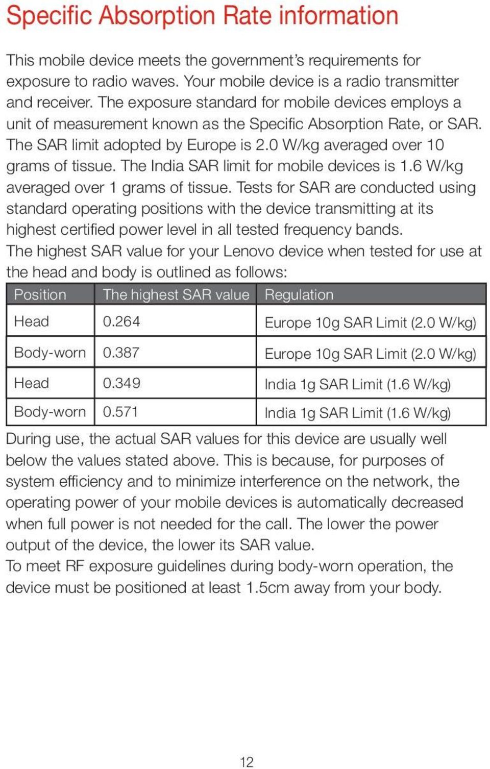 The India SAR limit for mobile devices is 1.6 W/kg averaged over 1 grams of tissue.