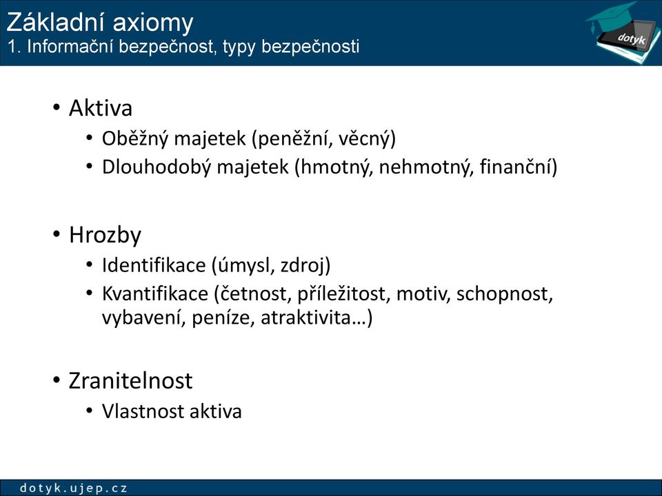 věcný) Dlouhodobý majetek (hmotný, nehmotný, finanční) Hrozby